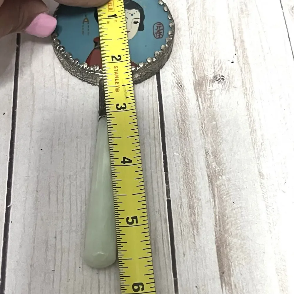 Vintage Asian Vanity Mirror Geisha Enamel Green Handle Cloisonné Style